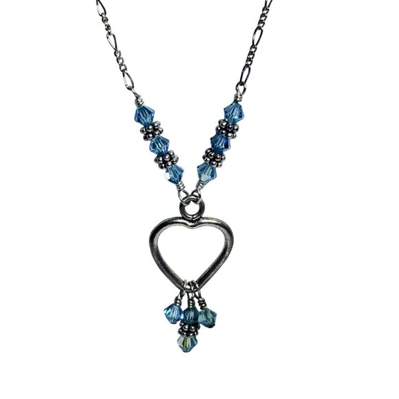 Sterling Silver Figaro Chain Necklace W/Blue Crystal Beads & Heart Pendant (5820 - Picture 2 of 6